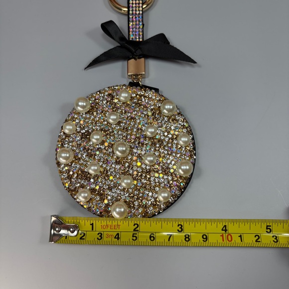 Bejeweled Pearl Accent Round Compact Mirror - Keychain or Bag Charm Gold & Pearl - Picture 9 of 9